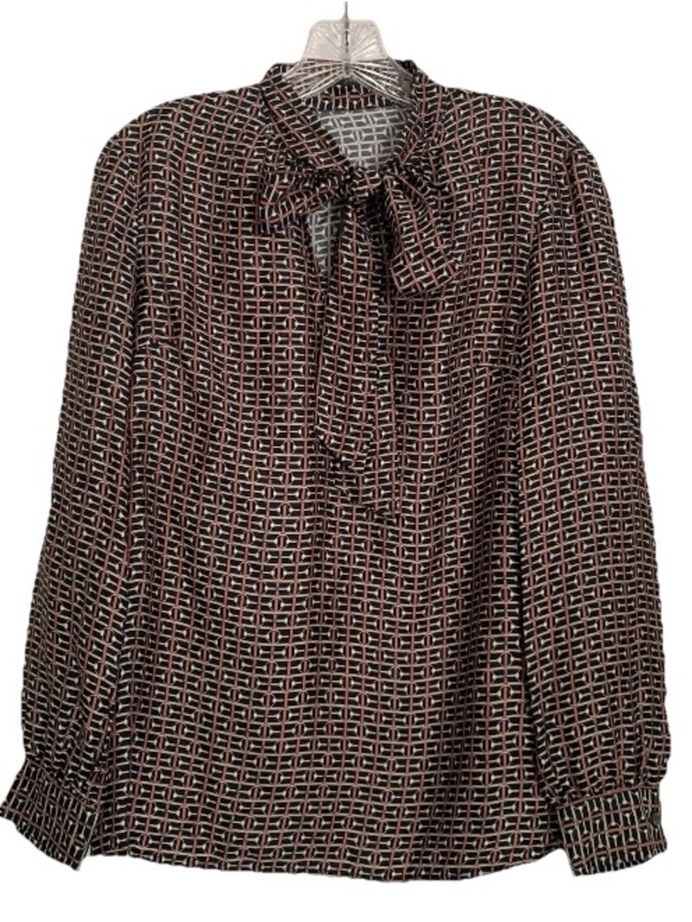 J. McLaughlin Virginia Blouse Silk Blend Bow Tie Neck Geometric Sz XS Black Top